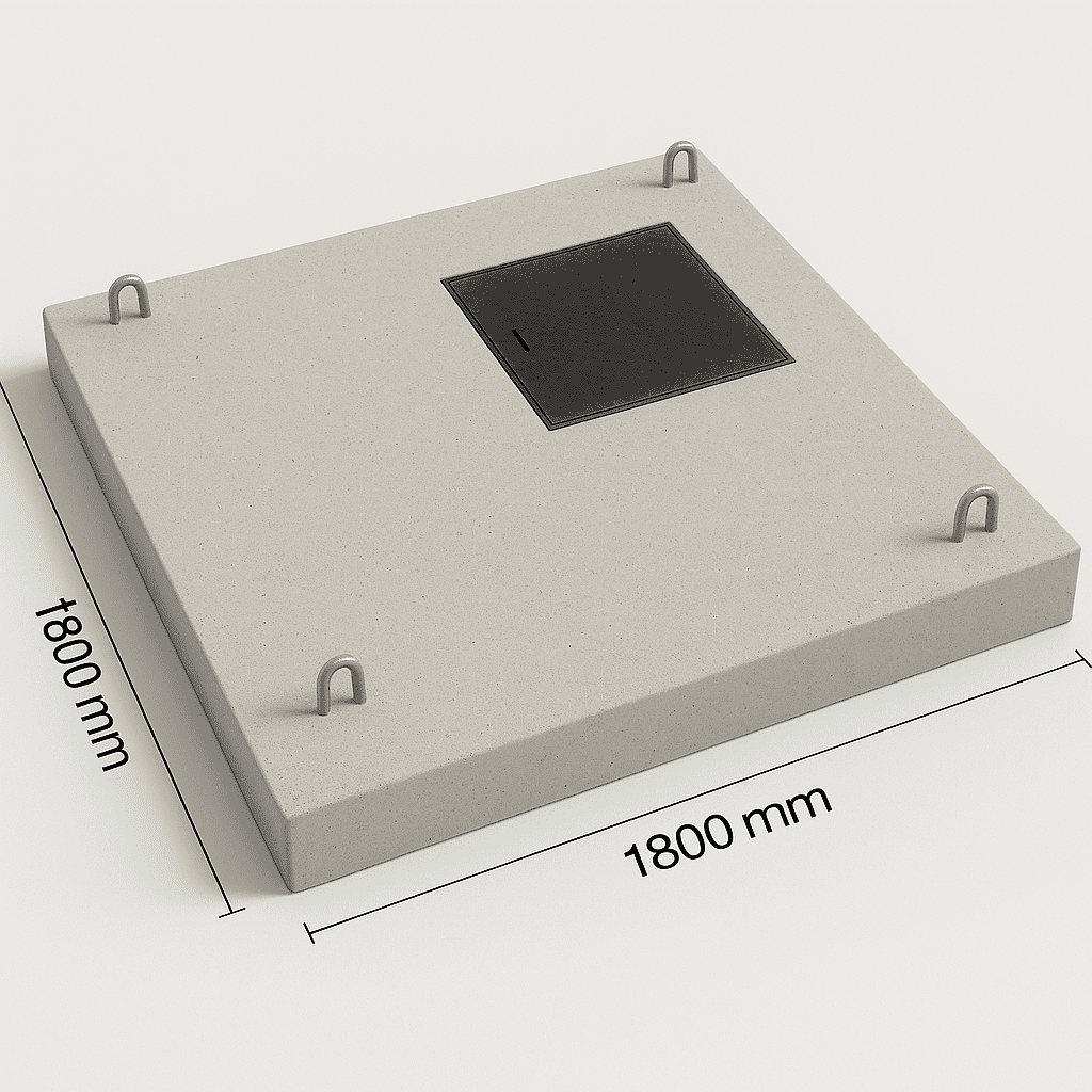 Capac rectangular carosabil din beton armat prefabricat, cu fontă înglobată și deschidere pătrată, utilizat pentru camine de canalizare și vane.