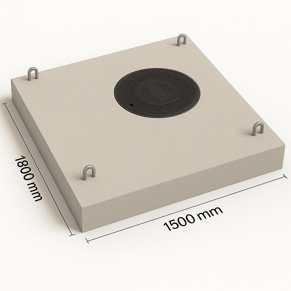 Capac rectangular carosabil din beton armat prefabricat cu deschidere circulară și fontă înglobată, pentru camine de canalizare și stații de pompare.