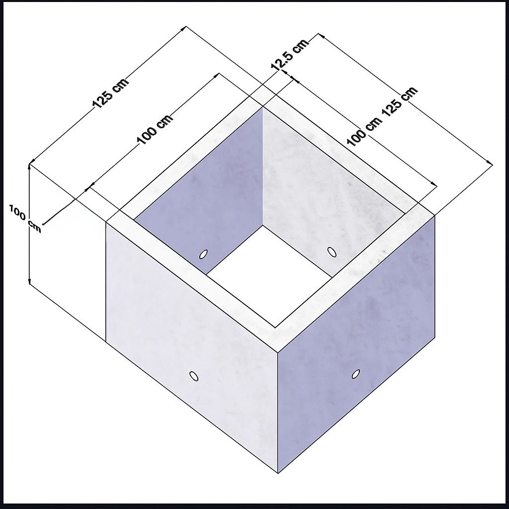 Schiță tehnică a unui cămin rectangular din beton armat cu dimensiuni standardizate pentru infrastructuri de canalizare și rețele de apă.