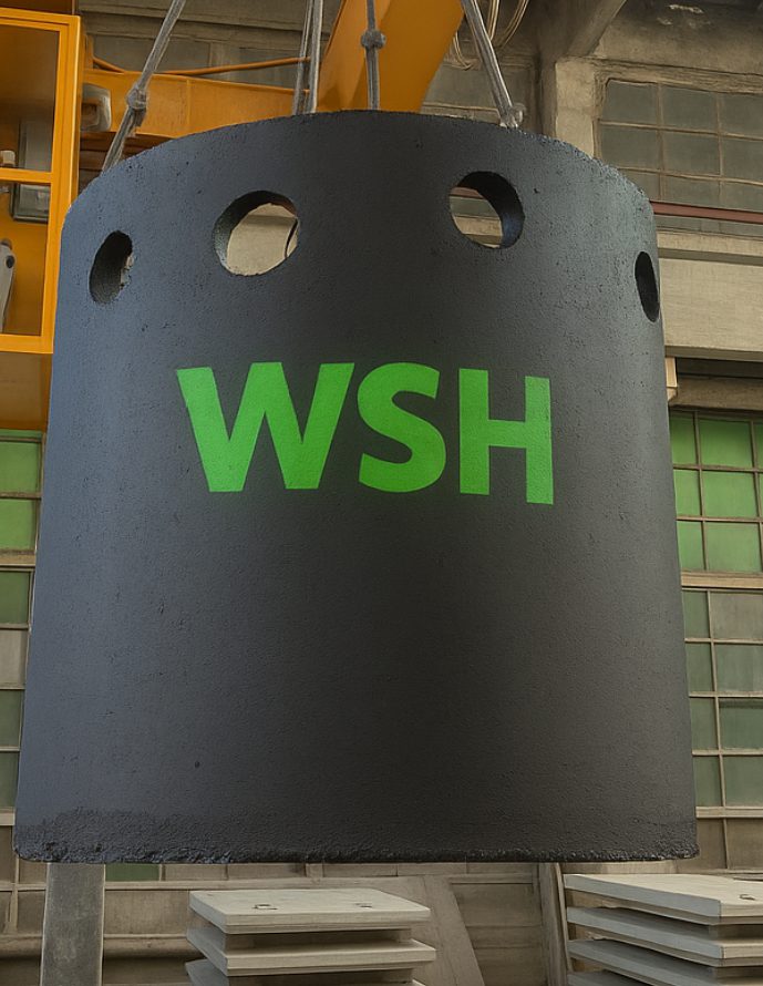 Stație de pompare ape uzate WSH prefabricată din beton armat, suspendată la macara pentru montaj în infrastructura de canalizare.